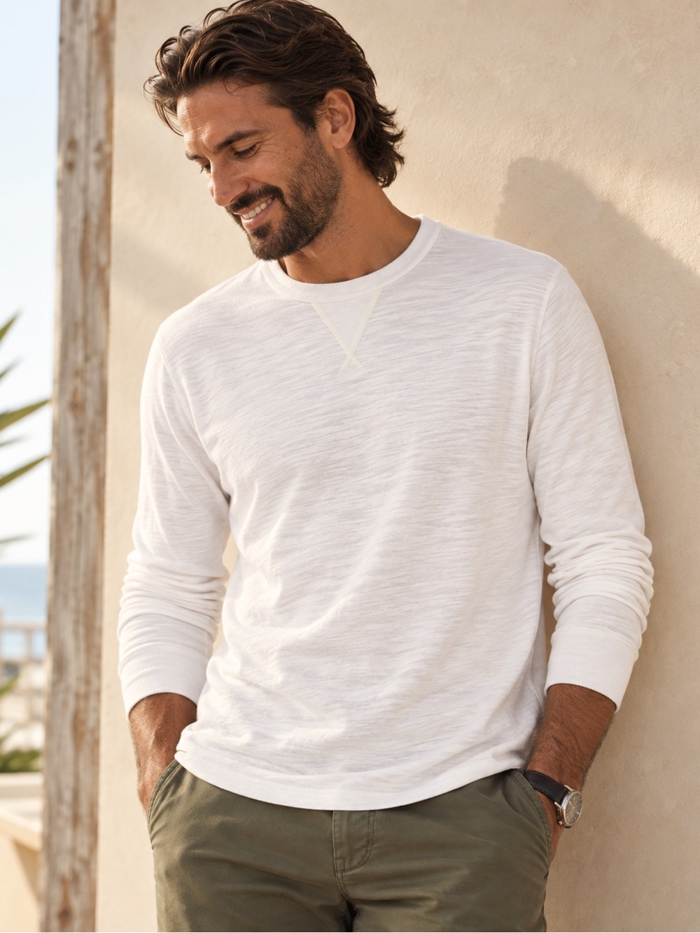 Faherty Sunwashed Slub Crew Shirt XL White Organic Cotton Long Sleeve